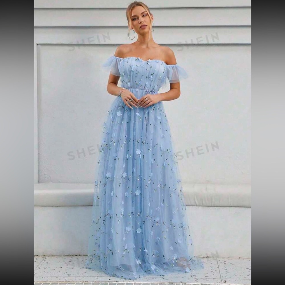 Blue off-the-shoulder maxi gown